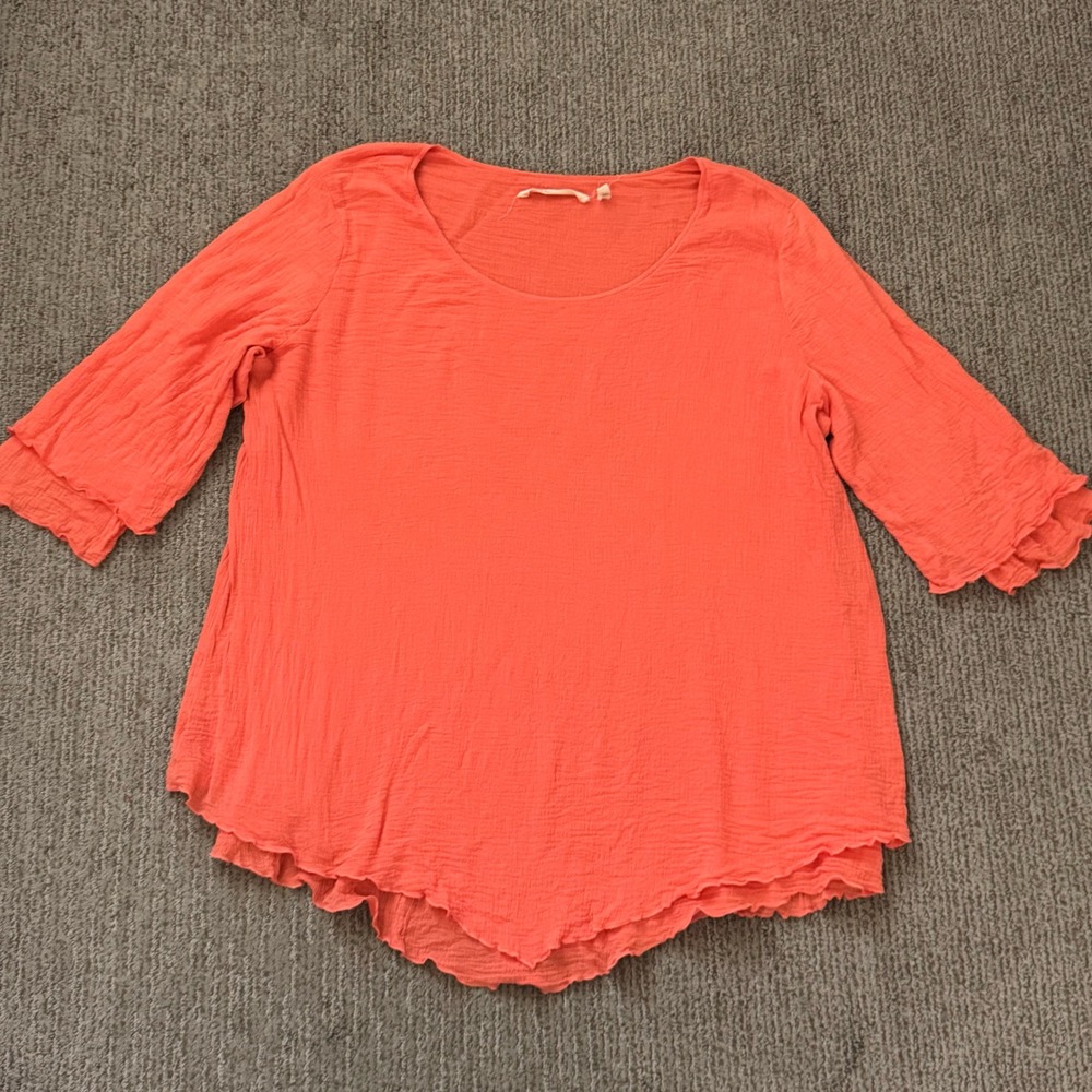 Soft Surroundings Womens L Cotton Crinkle Gauze Top Asymmetric Hem Orange